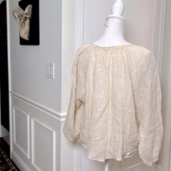 100% Linen Women's Top with Decorative Stitching V Neck 3/4 Sleeves One Size NWT - Picture 2 of 9